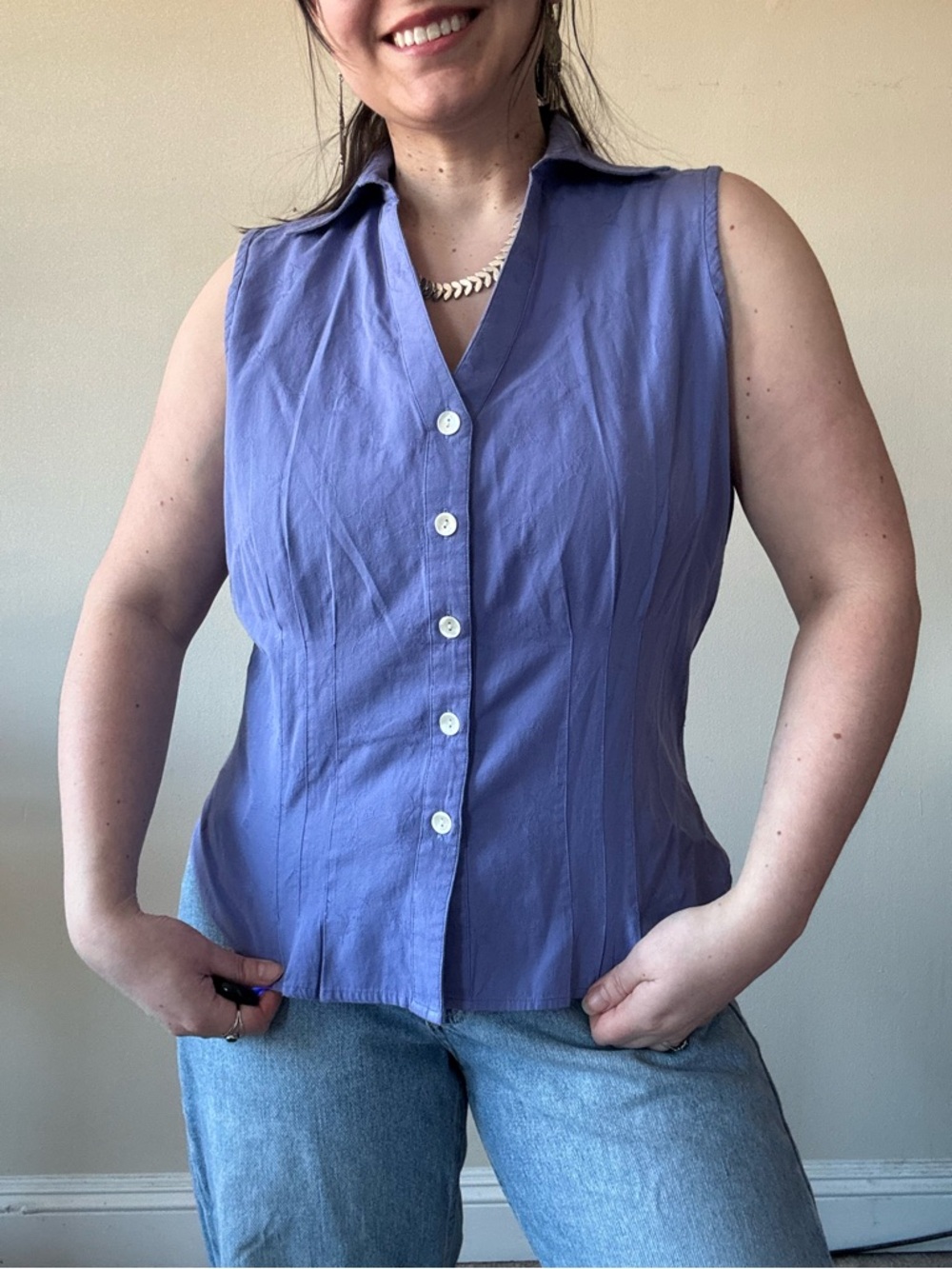 Vintage April Cornell Sleeveless Button Front Lavender Top
